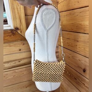 Vintage Wood Beaded Tan Crossbody Bag Small Purse Chain Japan Retro Boho Cottage